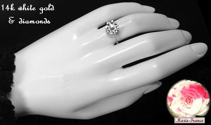Charming estate 14k white gold diamond rosette ring rings M F  