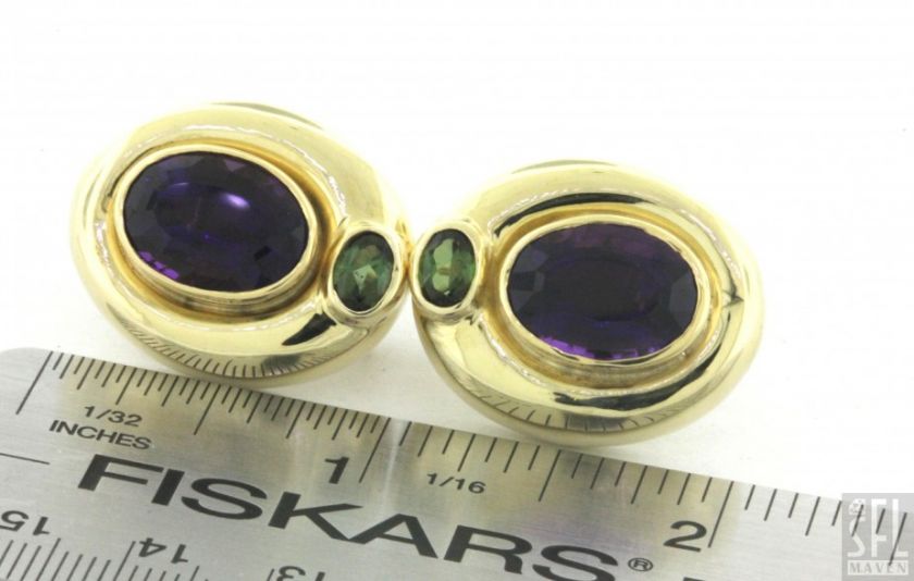 HEAVY 14K GOLD BEAUTIFUL 13.50CTW AMETHYST/GREEN TOURMALINE EARRINGS 