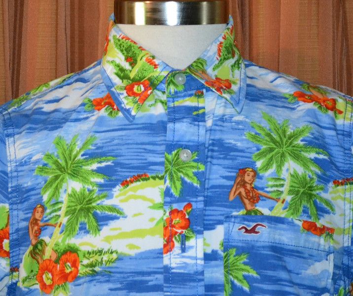 HOLLISTER SHORT SLEEVE BLUE HAWAIIAN SHIRT MENS LARGE  