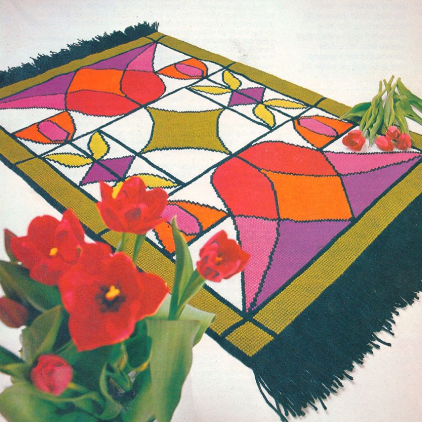 Tulips Rug Pattern Stain Glass Look Late 70s Craft  