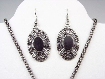   Lucite Marcasite Crystal Oval Pendant Necklace Earrings Set  