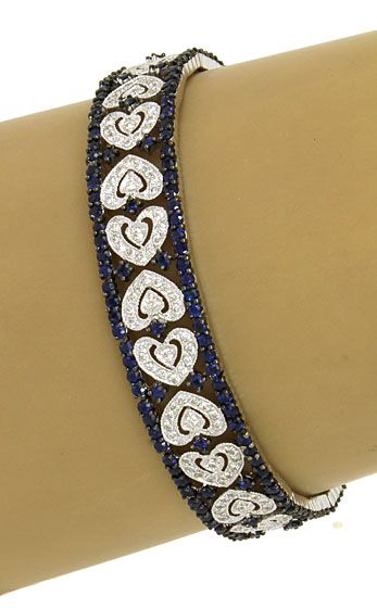 STYLISH 14K GOLD, DIAMONDS & SAPPHIRES HEART BRACELET  