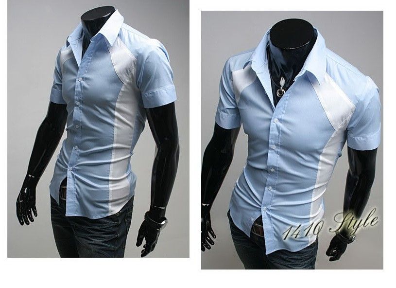 3mu Mens Designer Slim Dress Short Shirt Top Angle Black/White/Blue S 