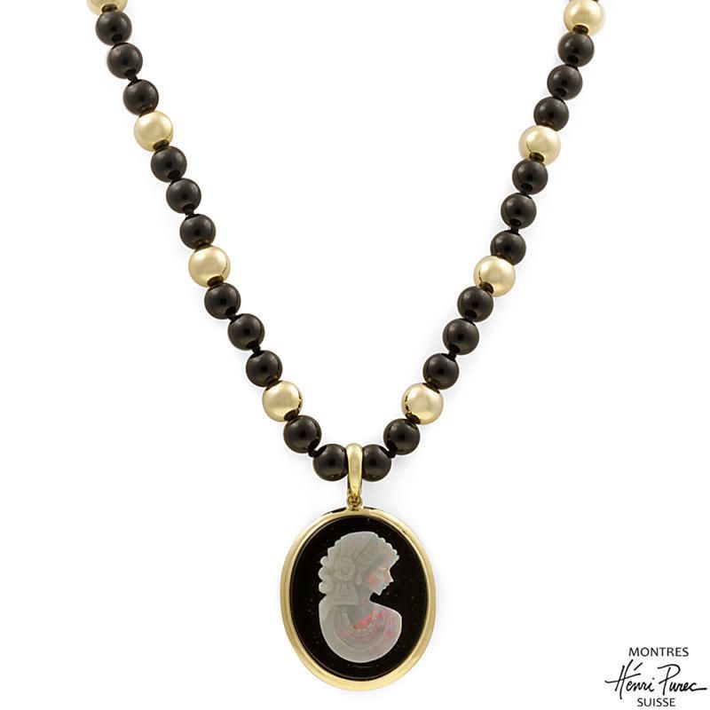 Australian Opal on Onyx Cameo Necklace in Made 14K Gold  