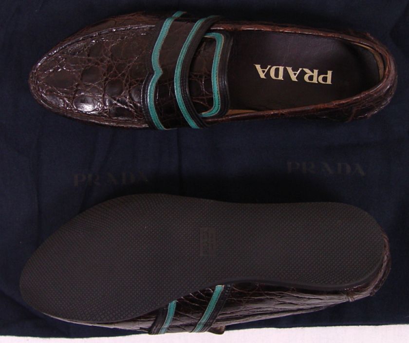 PRADA SHOES $1740 DARK BROWN CROCODILE SKIN TEAL ACCENTED VAMP LOAFER 