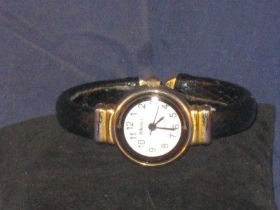 LADIES NK HILL QUARTZ GOLDTONE WHITE & BLACK CUFF WATCH   SLIM AND 