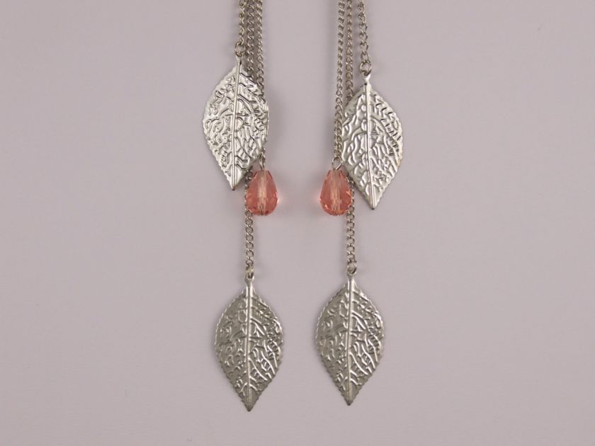   extra Long LEAF leaves multi chain fringe earrings dangle faceted bead