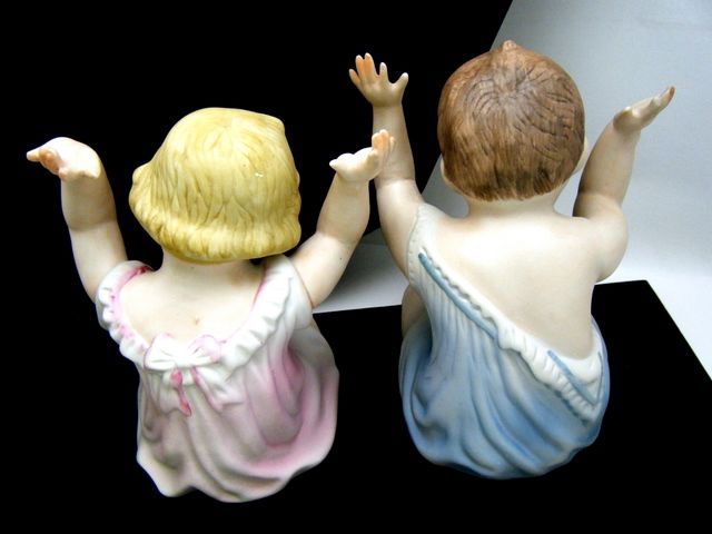 Pair Vintage Piano Baby Figurines Unmarked German Bisque Porcelain 6 1 