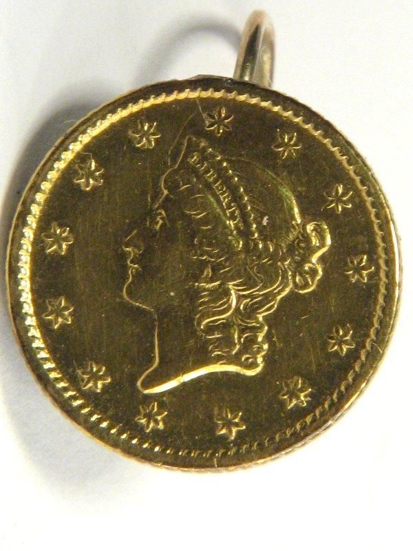   GOLD US LIBERTY $1 ONE DOLLAR COIN EARRINGS c1850s   