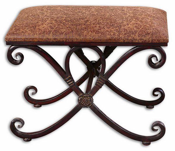 Mahogany BENCH Stool Vanity Chair Metal Scroll Fabric  