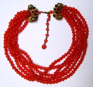   Carnelian GLASS Bead Pearl 6 Strand NECKLACE Haskell Unsigned  