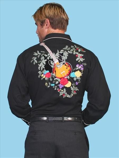   791 Scully Western Cowboy Shirt Guitar Embroidery Medium Black Floral