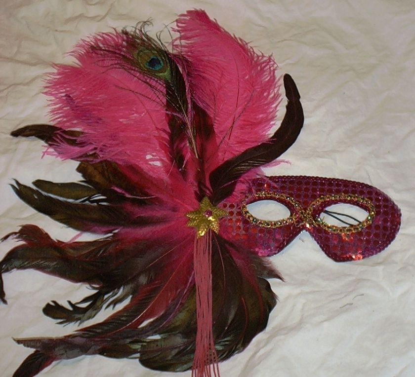 FUSHIA PINK FEATHER MASQUERADE BALL MARDI GRAS MASK 831687007910 