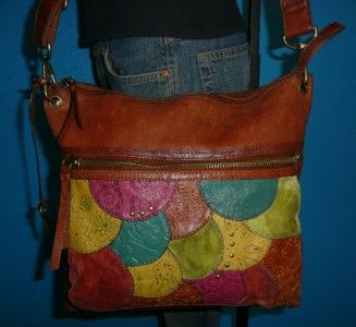 Vintage FOSSIL PATCHWORK Leather Cross Body Messenger Satchel Purse 