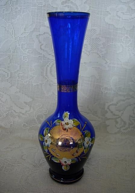 Cobalt Blue Blown Glass Vase   Hand Painted Daisies  