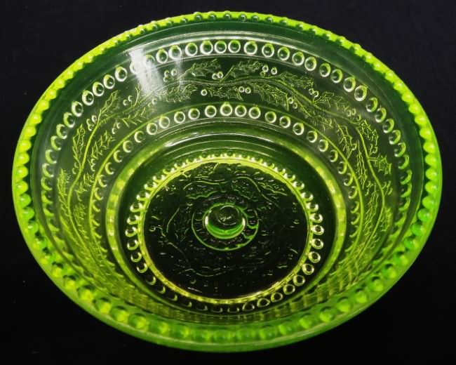 Uranium Vaseline Glass Beaded Holly Nut Mint Dish  