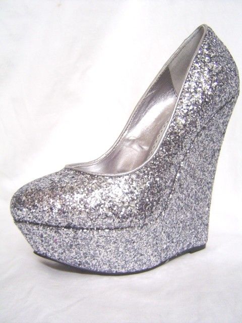 New BEBE Ophelia Silver Gliter Wedge 5 6 7 8 9 10 Evening Clubbing 