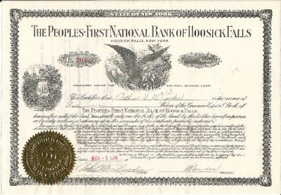 Peoples First National Bank of Hoosick Falls,N.Y Stock  