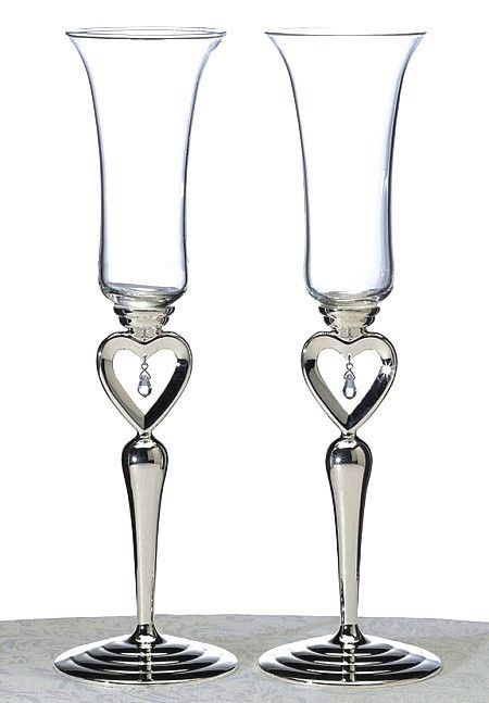 Dangling Crystal Jewel Silver Heart Wedding Flute Glass  
