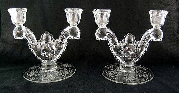 Heisey elegant ORCHID two lite candleholders, pair  