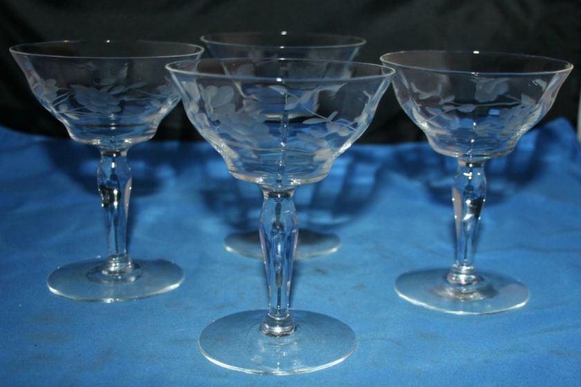 Vtg. Crystal Etched Champagne Coctail Glass Set of 4  