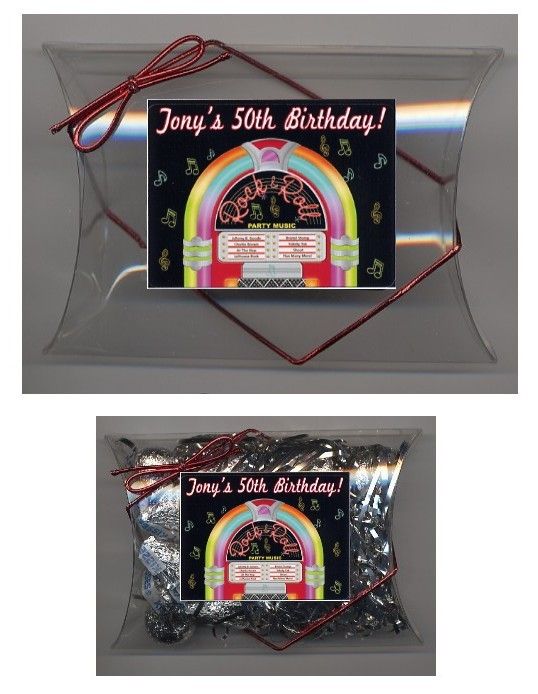 Rock n Roll 50s party favors Pillow Boxes with label  