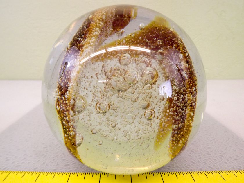 Clear Amber Bubbled Glass Heavy Standing Sphere  