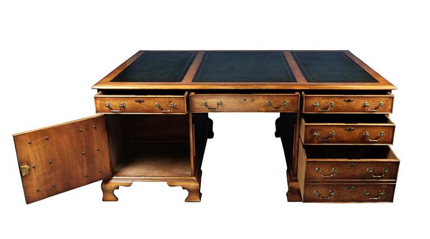 Antique Style Walnut Wood Pedestal Partners Desk  