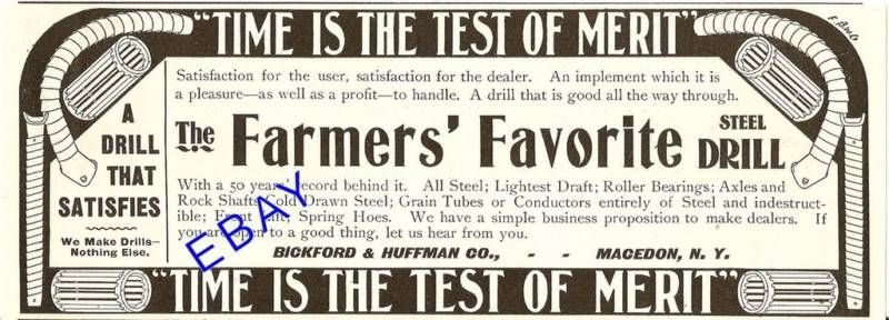 1900 BICKFORD HUFFMAN FARMERS GRAIN DRILL AD MACEDON NY  