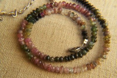 Adjustable Bead Strand Necklace, Watermelon Tourmaline, Silver Drop 