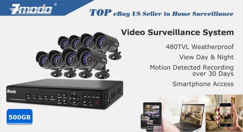 ZMODO 8 CH CCTV Security DVR Outdoor IR Camera System 500GB Hard Drive 