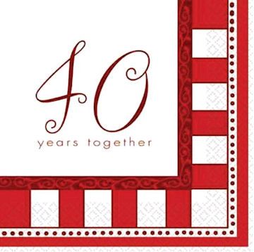 Red & White 40th Ruby Anniversary Pack 16 Party Napkins  