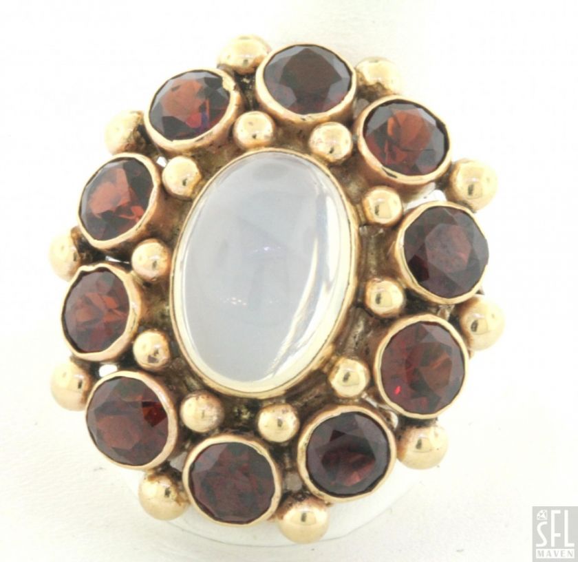 VINTAGE 14K GOLD FANCY GARNET/MOONSTONE CLUSTER COCKTAIL RING SIZE 6.5 