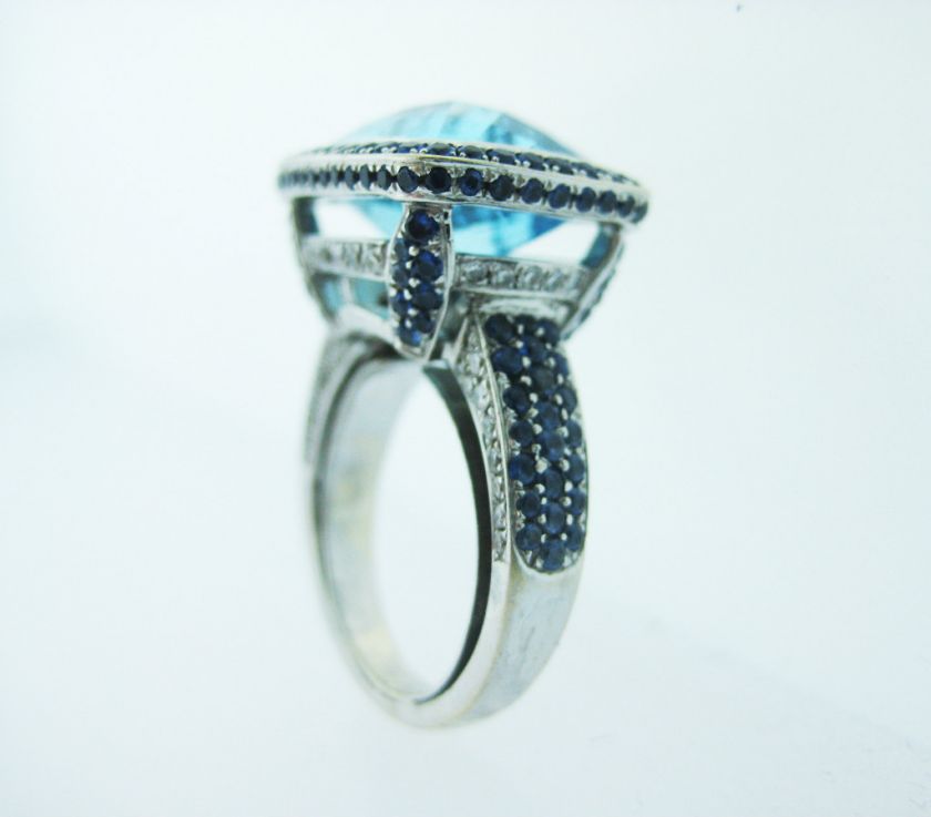 FINE ESTATE 18K WHITE GOLD LADIES RING w BLUE TOPAZ SAPPHIRES DIAMONDS 