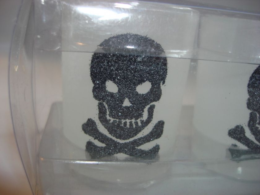 SET OF 2 GLASS TEA LIGHT CANDLE HOLDERS BLACK SKULL NEW  