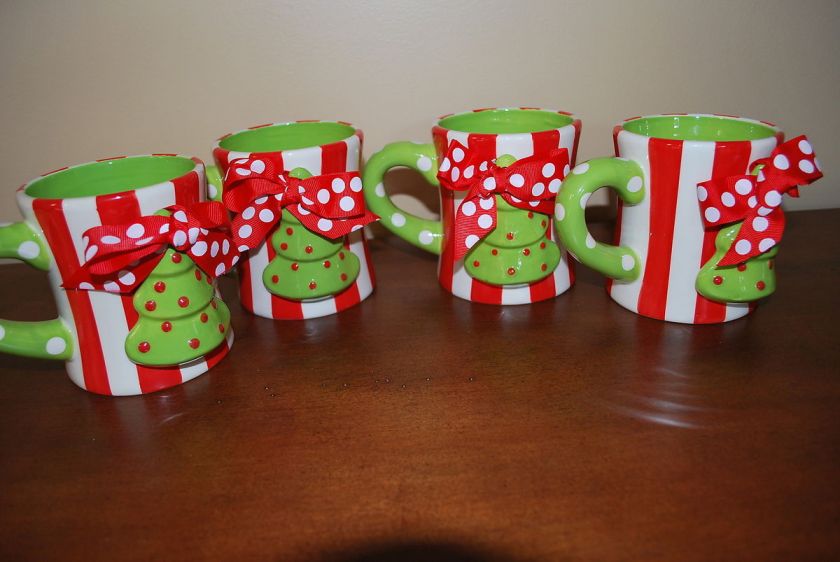   PIE CHRISTMAS TREE CANDY CANE STRIPE COFFEE MUGS 16oz SET OF 4  