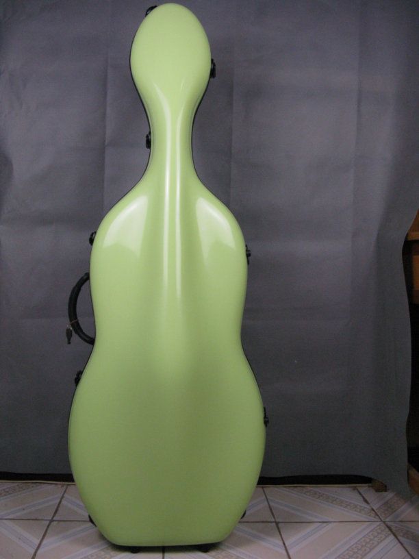 shallow green fiberglass cello hard case w/ wheells  