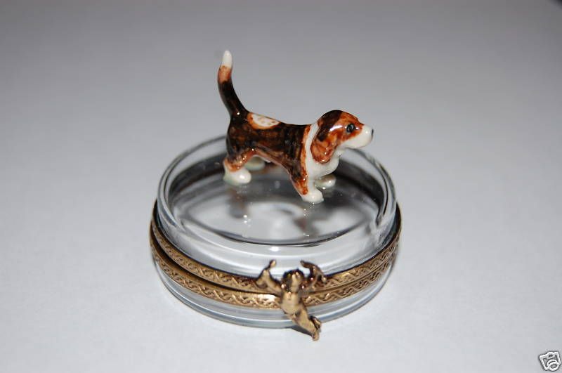 Limoges Basset Hound Dog Sitting on Crystal Trinket Box  