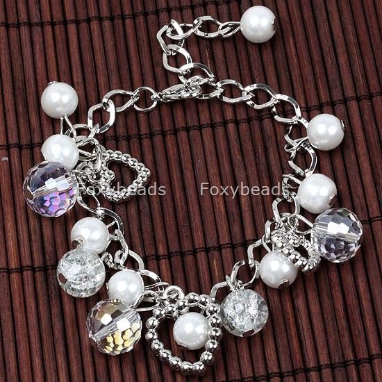 WHITE PEARL CRYSTAL GLASS DANGLE BEADS CHAIN BRACELET  