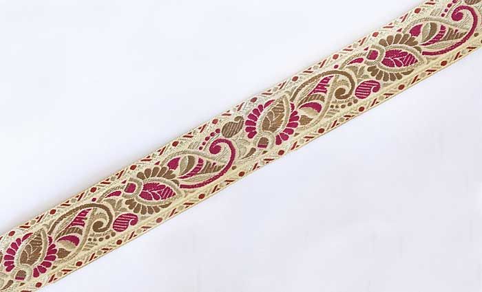 Jacquard, Ribbon Trim. Gold, Red & Coffee Flowers  