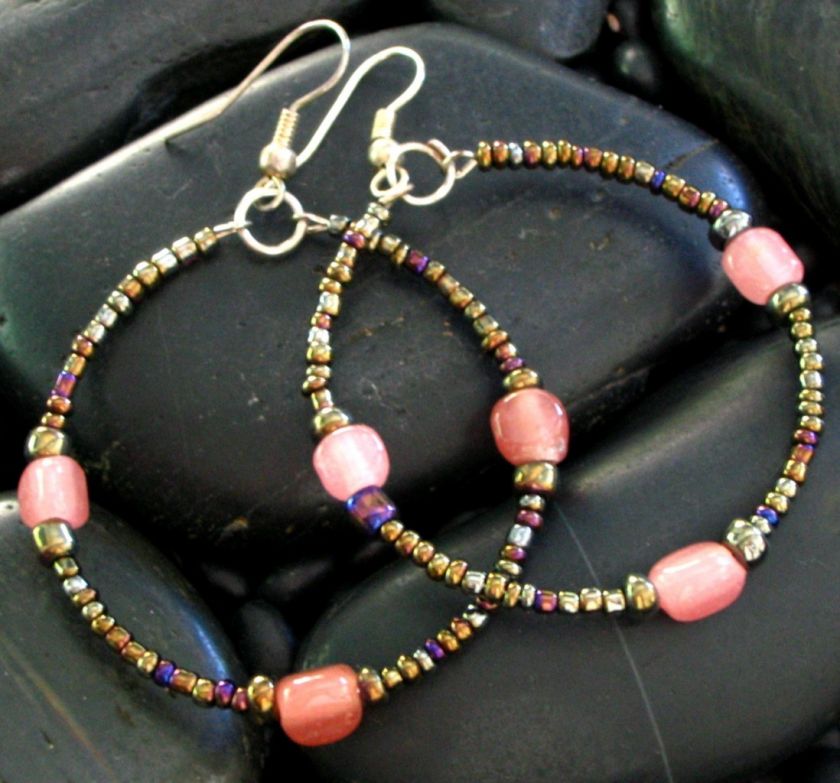 JJBZ SPARKLY PINK MULTI COLOR GLASS BEAD HOOP EARRINGS  