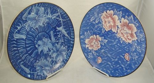   JAPANESE FLORAL PORCELAIN PLATES Transferware Tree Blue White Japan