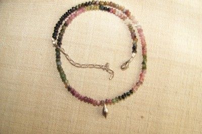   Strand Necklace, Watermelon Tourmaline, Silver Drop Pendant  