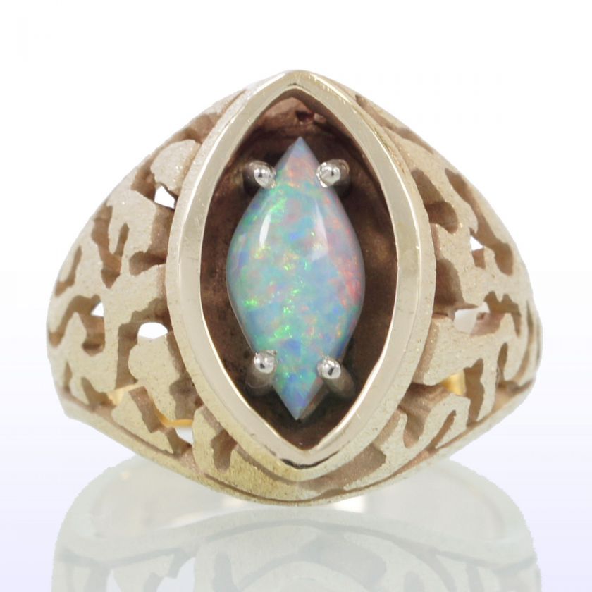 GORGEOUS 14K CARVED FLORENTINE DESIGN OPAL SIGNET RING  