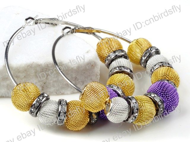   Basketball Wives Mesh Rhinestone Beads Spacer Hoops Earrings  