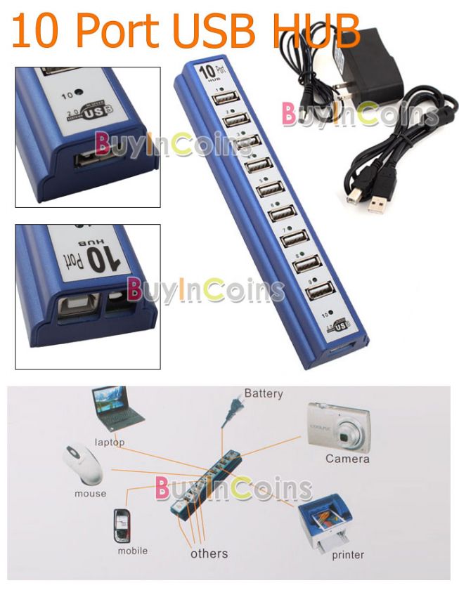 10 Ports USB 2.0 HUB High Speed w/ Power AC Adapter  