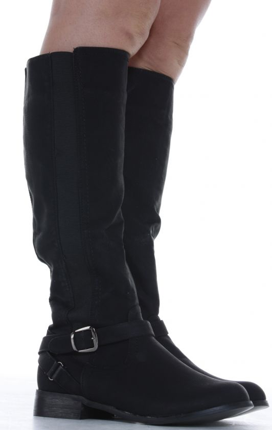 Womens Black Riding Winter Ladies Flat Wide Calf Leg Knee High Boots 