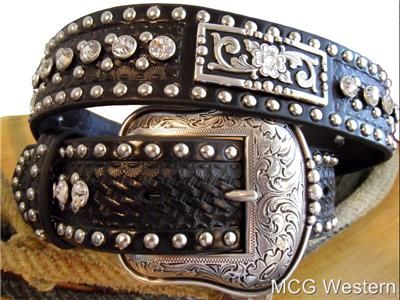 WESTERN NOCONA RHINESTONE MENS GENUINE LEATHER BELT W/CONCHOS 