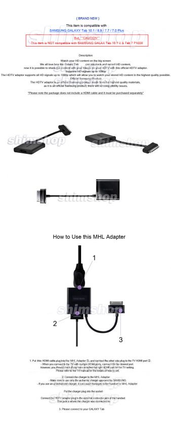 SAMSUNG GENUINE MHL HDTV OUT ADAPTER GALAXY TAB 10.1  