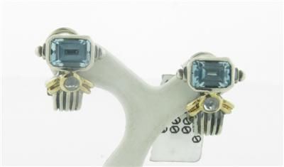 NEW DESIGNER SAMUEL B SS/14K BLUE TOPAZ HUGGIE EARRINGS  